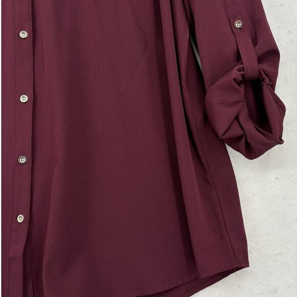 Denim & Co Blouse Top Size 2X Raisin Red Button Up Shirt Roll Tab Sleeve Stretch - Picture 5 of 9
